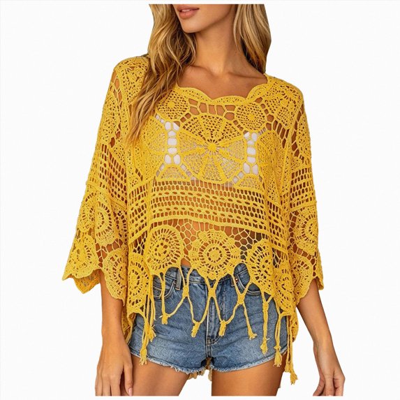UOCUFY Women Plain Fringe Cut Out Sheer Knit Crochet Cover Up Three Quarter Sleeve Hollow Out Sweater Shirts Swimsuit Coverups Wear (Yellow, XL)