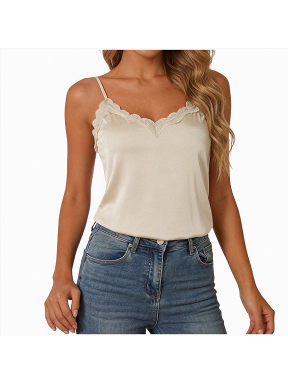 Women Silk Satin Camisole Tops Sexy Lace Trim V Neck Tank Top Summer Sleeveless Shirts (Beige, M)