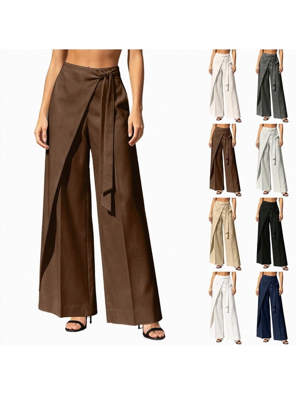 Women's Asymmetrical Dress Pants High Waist Wrap Straight Wide Leg Slacks Work Trousers Business Casual Navy,Size S