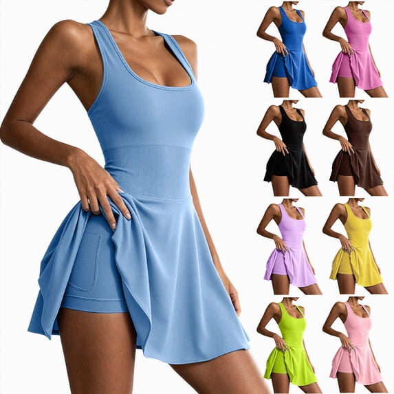 UOCUFY Women's Athletic Dress with Built-in Shorts | Sleeveless, U-Neck, Lightweight, Pocket, 2 in 1 Design, Active, Workout, Sporty, Tennis, Golf, Gym, Training, Cheer, Exercise(Blue,L)