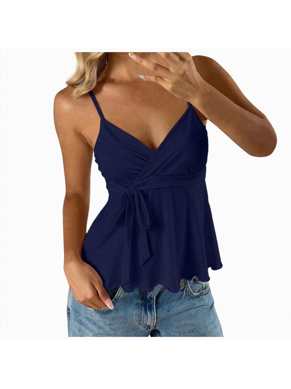 Women's Babydoll Tops Cute Summer Tie Front Crop Wrap Top | Spaghetti Strap, Peplum Tops, Sleeveless, V Neck, Cute Tank Tops, 2000s Clothes (Navy, M)
