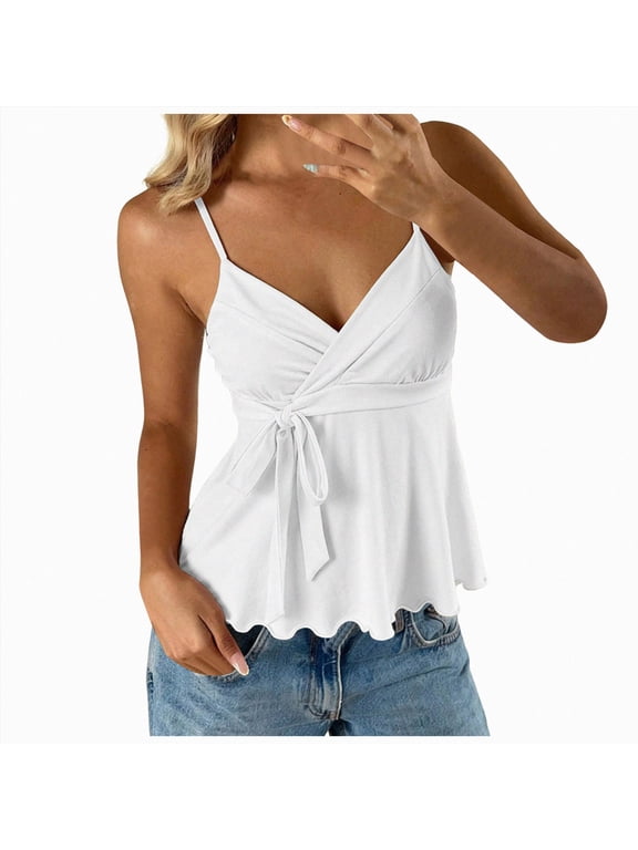 Women's Babydoll Tops Cute Summer Tie Front Crop Wrap Top | Spaghetti Strap, Peplum Tops, Sleeveless, V Neck, Cute Tank Tops, 2000s Clothes (White, XXL)