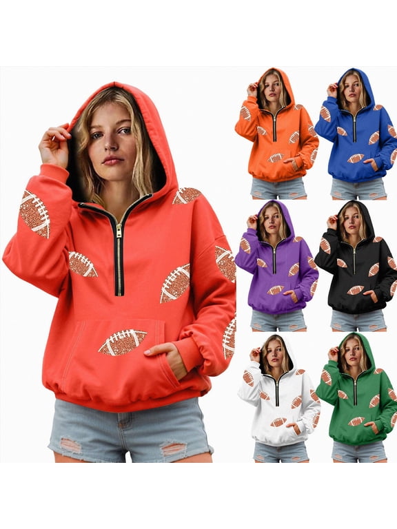 Women's Football Sequin Hoodie Half Zip Long Sleeve Rugby Patches Game Day Hooded Sweatshirt Blue,Size S
