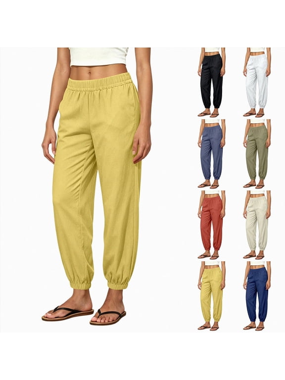 Women's Performance Sweatpants - Ultra Soft odSTRATUM Tech Joggers Adjustable Mid Rise Pants with Pockets - 28"/30" Yellow,Size S