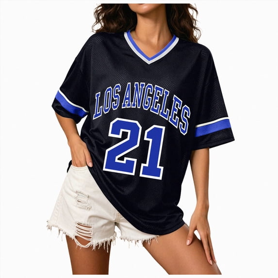 UOCUFY Women's Y2k Oversized Jersey Shirts Baggy Graphic Tees Number Football Custom Baseball Jersey Streetwear (Blue, XL)