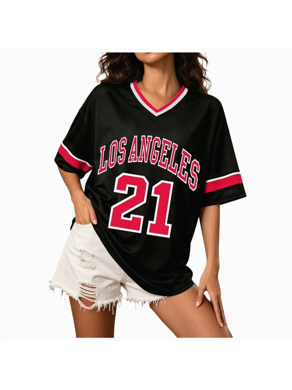 Women's Y2k Oversized Jersey Shirts Baggy Graphic Tees Number Football Custom Baseball Jersey Streetwear (Red, XL)