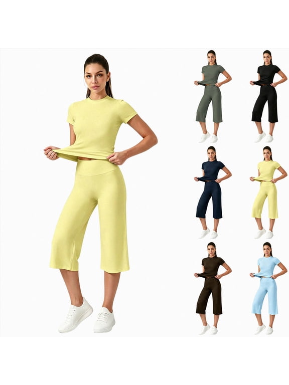 Womens 2 Piece Workout Sets High Waisted Tummy Control Crop Top Capri Leggings Stretchy Soft Activewear(Navy,S)