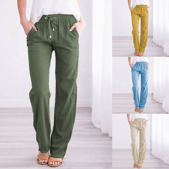 UOCUFY Womens Casual Linen High Waist Pants Drawstring Loose Fit Summer Pants Trousers with Side Pockets Sky Blue,Size XXXL