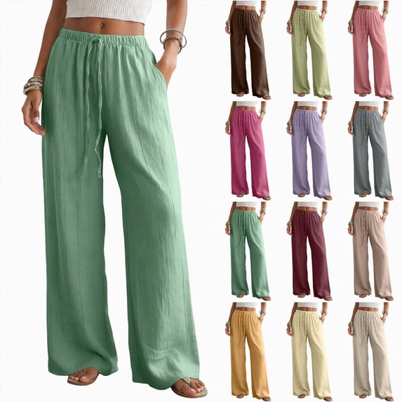 UOCUFY Womens Cotton Linen Pants Casual Button Up High Waisted Wide Leg Trousers Beige,Size XS