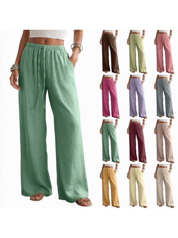 Womens Cotton Linen Pants Casual Button Up High Waisted Wide Leg Trousers Beige,Size XS