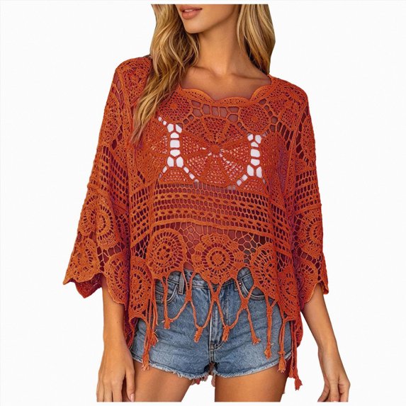 UOCUFY Womens Crochet Cover Up Top | 3/4 Sleeve, Off Shoulder, Mesh, Boho Beach, Swimsuit Coverup (Orange, S)