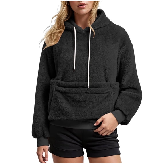 UOCUFY Womens Mens Pet Pouch Hoodies Fuzzy Fleece Oversized Sweatshirt Wearable Cat & Small Dog Carrier Pullover Hoodies Black,Size XL