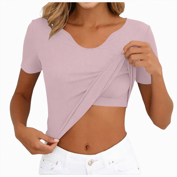 UOCUFY Womens Short Sleeve Shirts with Built in Bra V Neck Basic T-Shirts Workout Yoga Tops Athletic Shelf Bra Tops Padded (Pink, L)