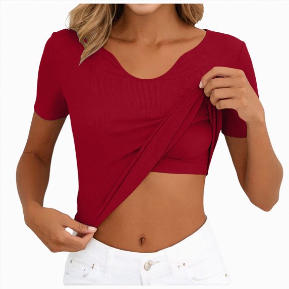 UOCUFY Womens Short Sleeve Shirts with Built in Bra V Neck Basic T-Shirts Workout Yoga Tops Athletic Shelf Bra Tops Padded (Red, S)