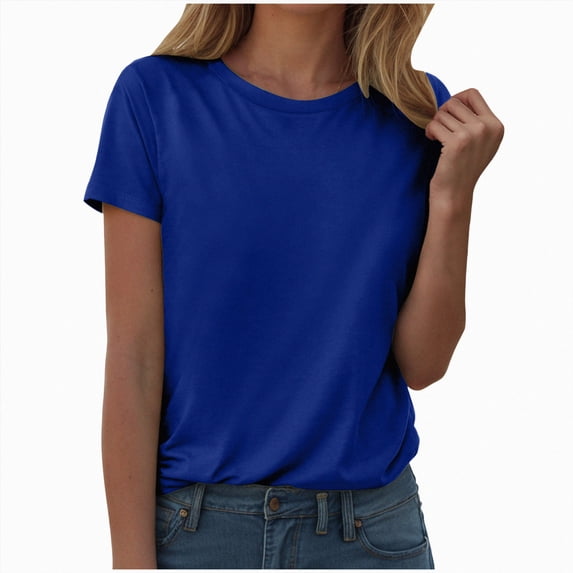 UOCUFY Womens Tops Summer Short Sleeve Ribbed Trim Crewneck T Shirts Spring Vacation Outfits Fashion Clothing Basic Tee (Blue, M)