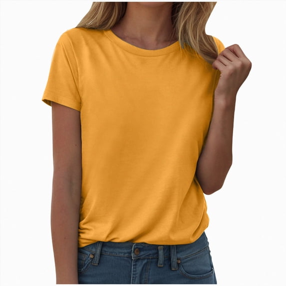 UOCUFY Womens Tops Summer Short Sleeve Ribbed Trim Crewneck T Shirts Spring Vacation Outfits Fashion Clothing Basic Tee (Gold, M)