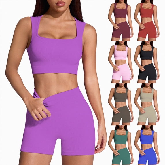 UOCUFY Workout Sets for Women 2 Piece Seamless Halter Sport Bra High Waist Shorts Exercise Gym Yoga Outfits(Black,L)