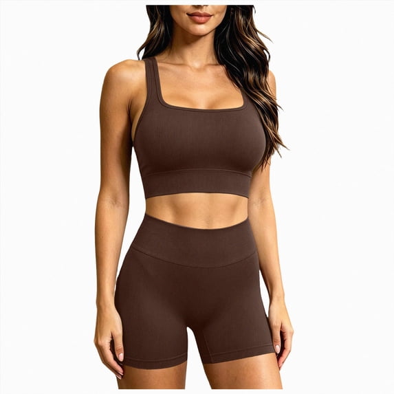 UOCUFY Workout Sets for Women 2 Piece Seamless Ribbed Crop Tank High Waist Shorts Yoga Outfits(Brown,M)