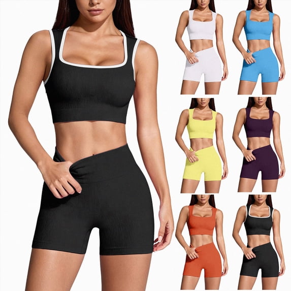 UOCUFY Workout Sets for Women 2 Piece Seamless Ribbed Crop Tank High Waist Shorts Yoga Outfits(Dark Purple,S)