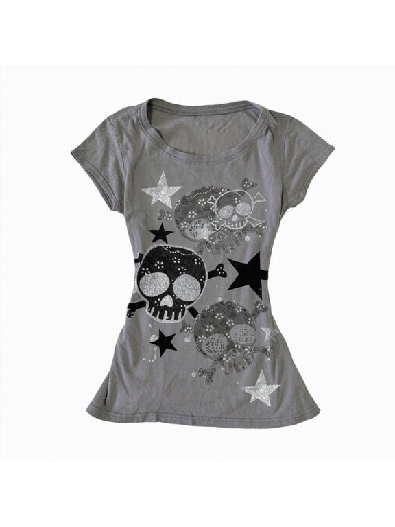 Y2K Grunge T-Shirt Vintage Skull Star Graphic Baby Tee Alt Punk Short Sleeve Crop Top 90s Harajuku Emo Streetwear (Grey, S)