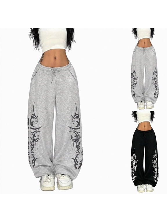 Y2k Wide Leg Baggy Grunge Double Waisted Drawstring Sweatpants Streetwear Women Emo 2000s Star Pants Black,Size S