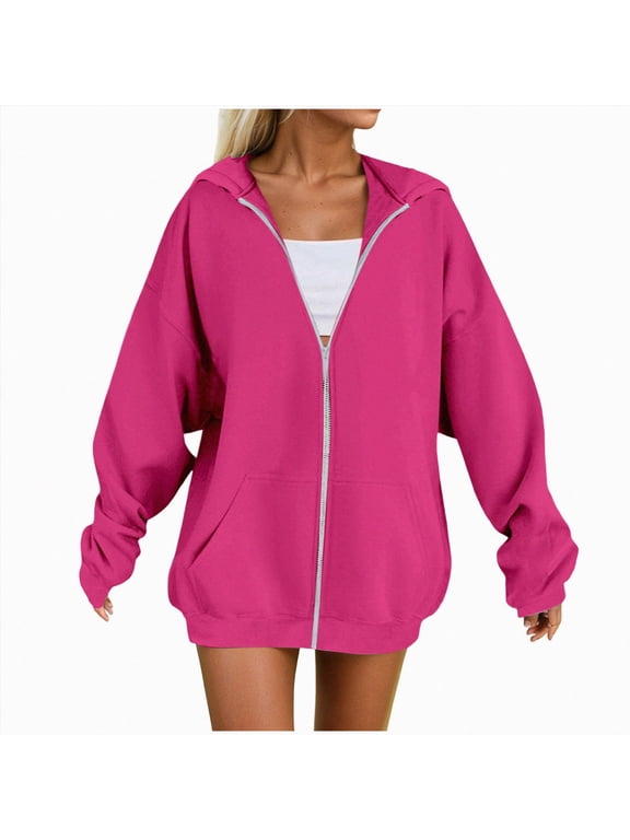 Zip Up Hoodie Women Y2K Hoodies Casual Sweatshirts Long Sleeve Spring Winter Jackets with Pockets 2026 Hot Pink,Size XXXL