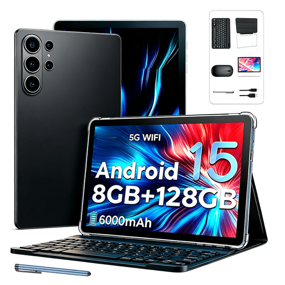 UODEGA 10.1-inch Android 15 Tablet (2026 Model), 8GB RAM, 128GB Storage (expandable up to 128GB; card not included), supports Wi-Fi and Bluetooth, 1280x800 IPS HD touchscreen, 6000mAh battery, Black
