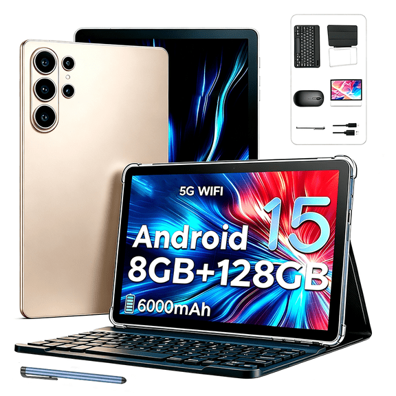 UODEGA 10.1-inch Android 15 Tablet (2026 Model), 8GB RAM, 128GB Storage (expandable up to 128GB; card not included), supports Wi-Fi and Bluetooth, 1280x800 IPS HD touchscreen, 6000mAh battery, Gold