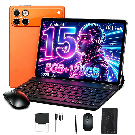 UODEGA Q78 10.1" 2-in-1 Tablet Bundle,128GB, Android 15, Wi-Fi, 5G, Orange