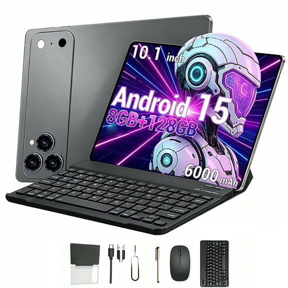 UODEGA Q85 10.1" 2-in-1 Tablet Bundle, 128GB, Android 15, Wi-Fi, 5G, Grey