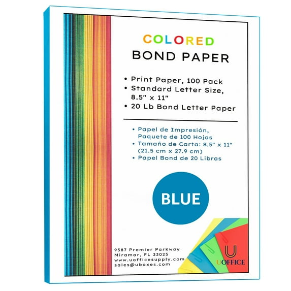 UOFFICE Colored Bond Paper Bundle 8.5" x 11", 20lbs, 100 Pages, Blue