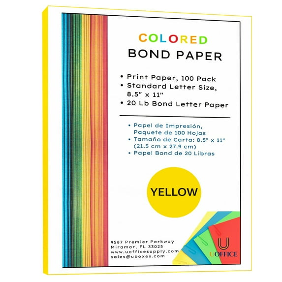UOFFICE Colored Bond Paper Bundle 8.5" x 11", 20lbs, 100 Pages, Yellow