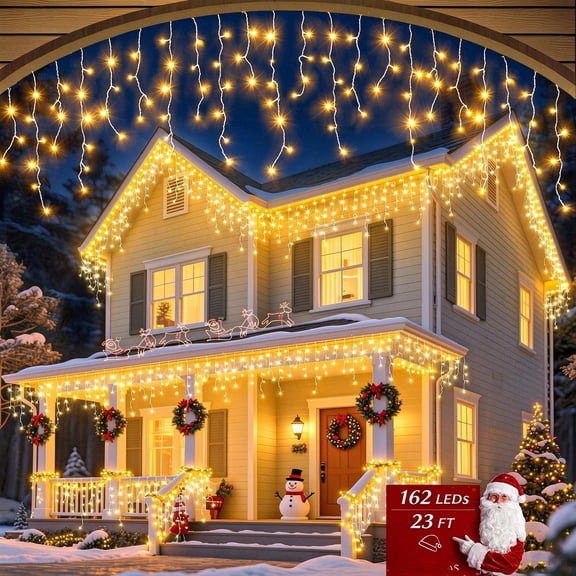UOGUIK 162LED 23FT Solar Christmas Icicle Lights 8 Modes Curtain Fairy String Light, Clear Wire LED String Light Indoor Decor for Wedding Party Christmas Holiday Decor
