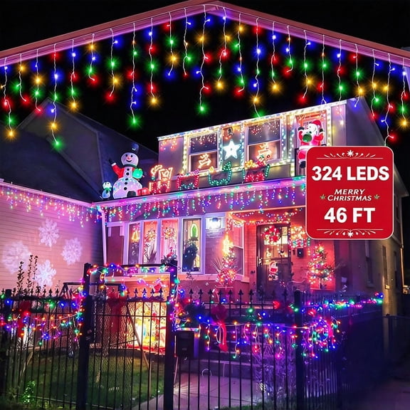 UOGUIK 324LED 46FT Solar Christmas Icicle Lights 8 Modes Curtain Fairy String Light, Clear Wire LED String Light Indoor Decor for Wedding Party Christmas Holiday Decor