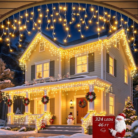 UOGUIK 324LED 46FT Solar Christmas Icicle Lights 8 Modes Curtain Fairy ...