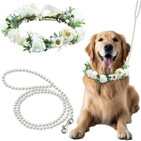 UOISA 2 Pcs Dog Flower Collar Wedding and Leash Set for Medium Dogs,White