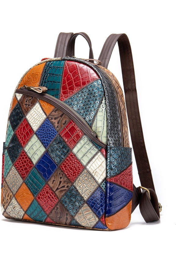 UONIFANS Genuine Leather Backpack for Women, Multicolor Handmade Splicing Handbags Ladies Large Capacity Travel Shoulder Bags