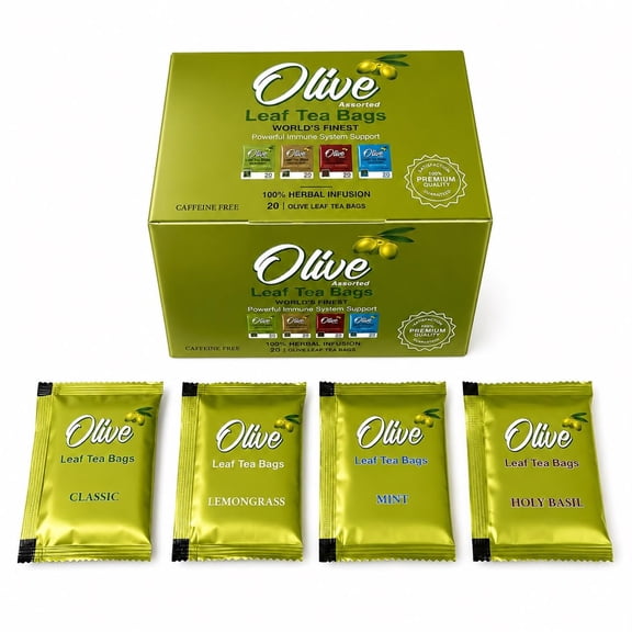 UONO Olive Leaf Tea Variety Pack | 20 Tea Bags | Classic, Lemongrass, Mint & Holy Basil (Tulsi) | Naturally Caffeine Free | Premium Herbal Tea Selection | Nitrogen Flushed Sachets for Freshness