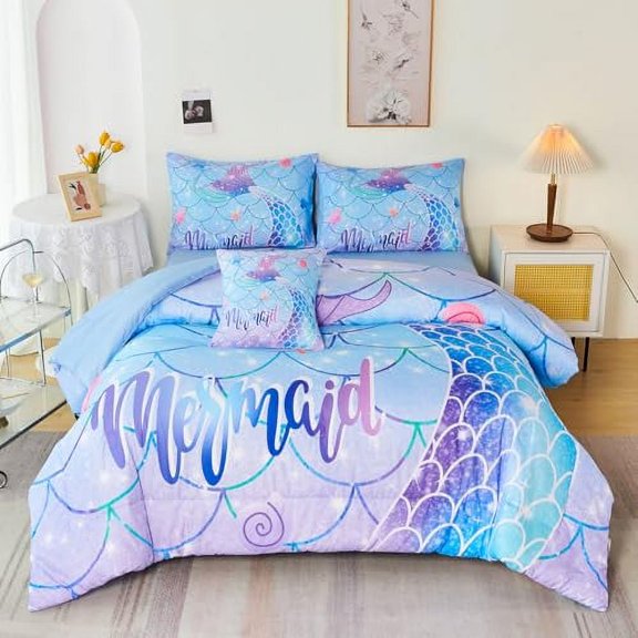 UONUR Girls Comforter Set 6PCS Gradient Purple Orange Glitter Moon Star Printed Bed in a Bag Soft Breathable Bedding Set for All Season (Star Size)