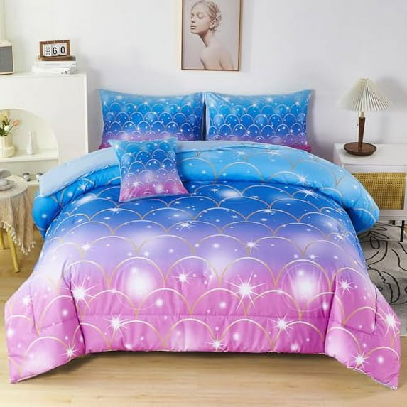 UONUR Girls Comforter Set 6PCS Gradient Purple Orange Glitter Moon Star Printed Bed in a Bag Soft Breathable Bedding Set for All Season (Star Size)