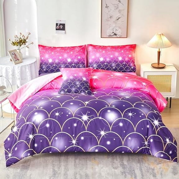 UONUR Girls Comforter Set 6PCS Gradient Purple Orange Glitter Moon Star Printed Bed in a Bag Soft Breathable Bedding Set for All Season (Star Size)