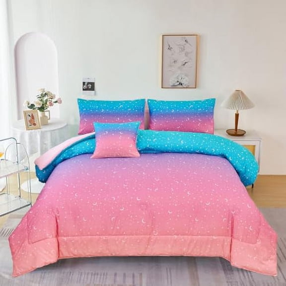 UONUR Girls Comforter Set 6PCS Gradient Purple Orange Glitter Moon Star Printed Bed in a Bag Soft Breathable Bedding Set for All Season (Star Size)