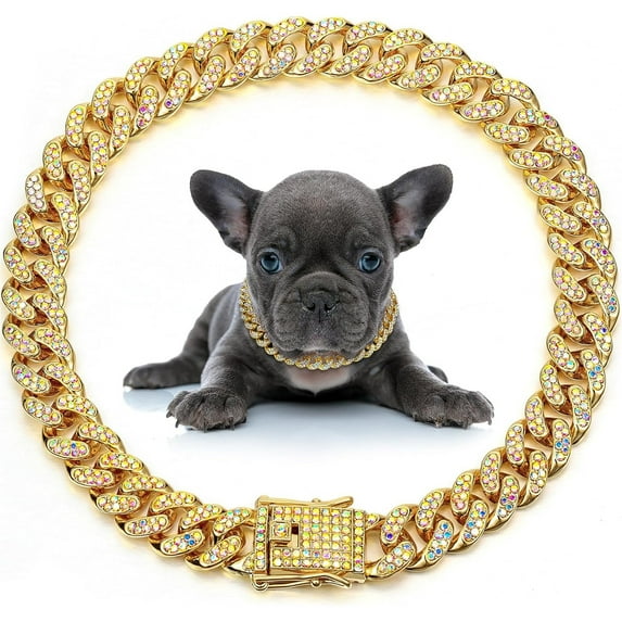 UOSIA Dog Chain Collar Diamond Link Puppy Collar,Gold, AB Color,24 Inch