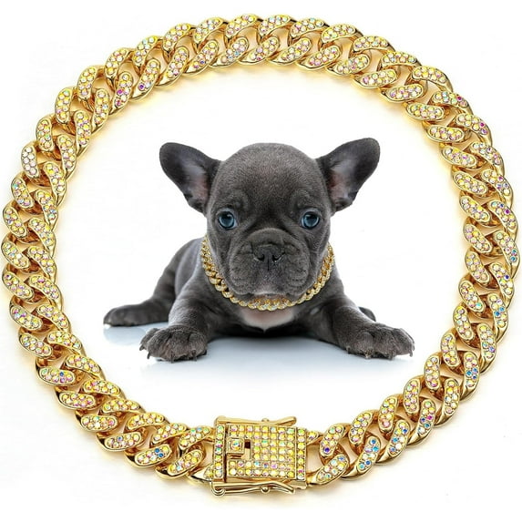 UOSIA Dog Chain Collar Diamond Link Puppy Collar,Gold, AB Color,8 Inch