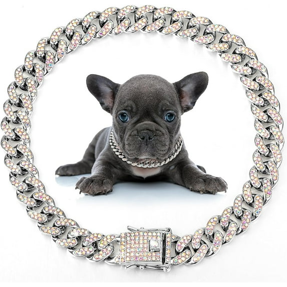 UOSIA Dog Chain Collar Diamond Link Puppy Collar,Silver, AB Color,16 Inches