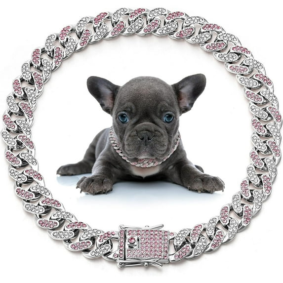 UOSIA Dog Chain Collar Diamond Link Puppy Collar,Silver, Pink White,20 Inch