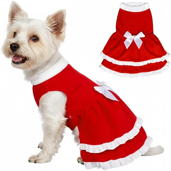 UOSIA Dog Christmas Dress with Bowtie Fleece Pet Princess Skirt Girl Winter Outfit Party for Small Dogs