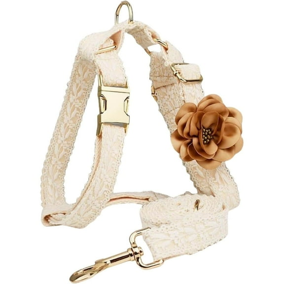 UOSIA White Dog Harness and Leash Set Luxury Lace Girl No Pull Dog Harness with Handle & Bow Flowers S