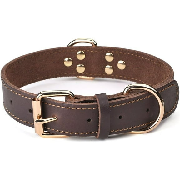 UOSIA Dog Collar, Genuine Leather Dog Collar, Heavy Duty Dog Collar, Wide Dog Collar,Brown,L