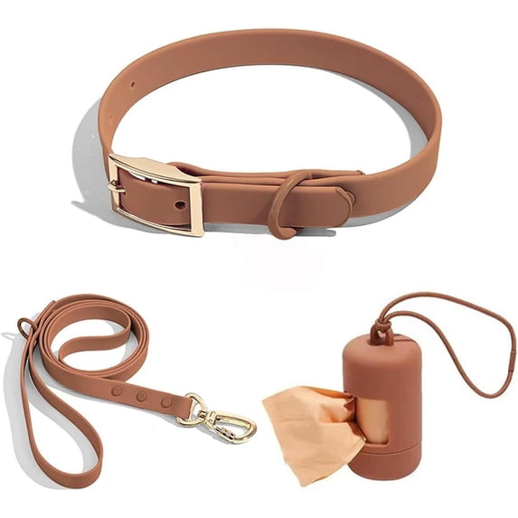 UOSIA Dog Collar and Leash Poop Bag Holder Set Chew Resistant Waterproof Collar for Dogs,Coffee,M 30-40cm